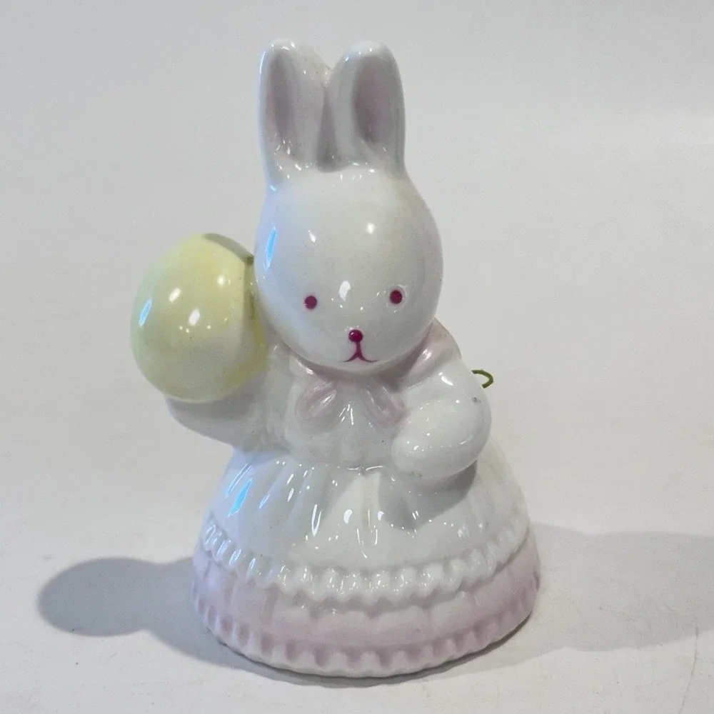 Vintage Bone China Easter Bunny w‎ Egg Bell 3 in Made In Taiwan Seasonal Decor